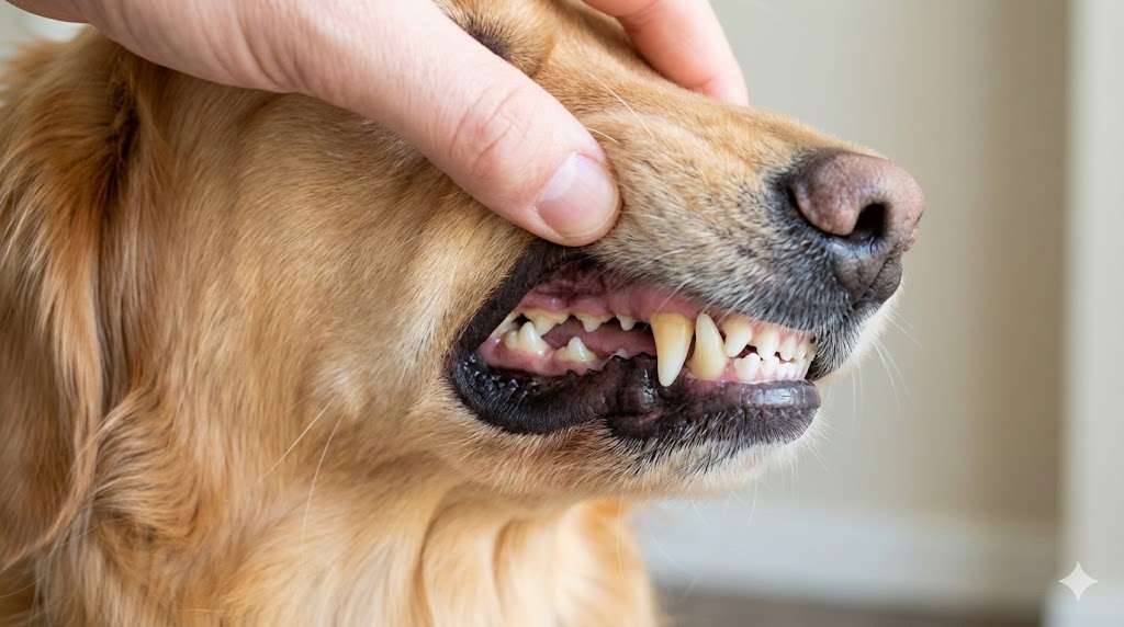 Primo piano dei denti di un cane con margine gengivale visibile e lieve accumulo di placca