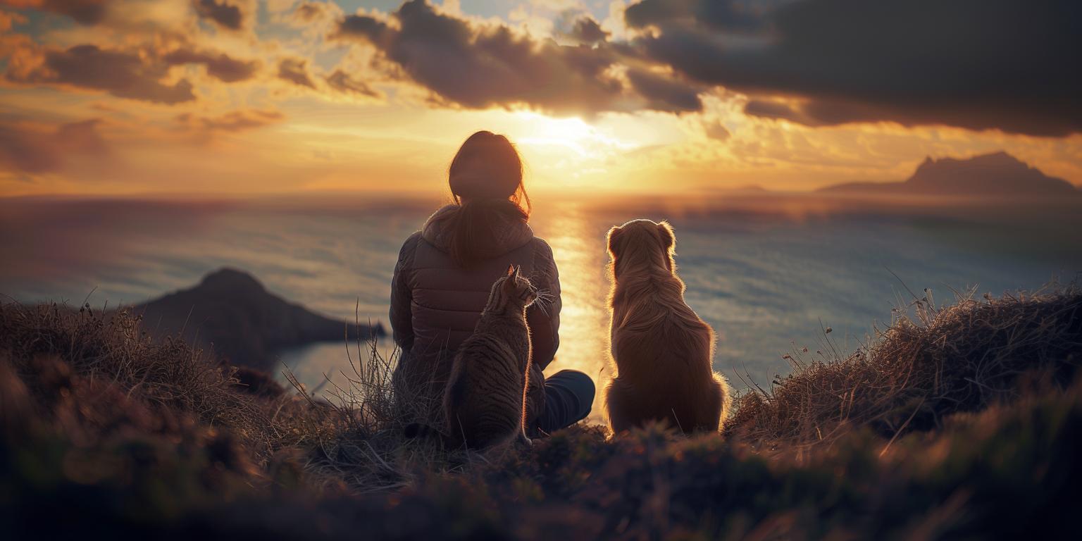 VacanzaCaneGattoAnimaliMareMontagnaAutoAereo Cane e gatto seduti accanto al loro padrone mentre ammirano un tramonto su una spiaggia o in montagna. Immagine simbolo delle vacanze pet friendly, della connessione tra animali e proprietari e della serenità di un viaggio ben organizzato. Scopri come pianificare al meglio le vacanze con il tuo cane o gatto.
