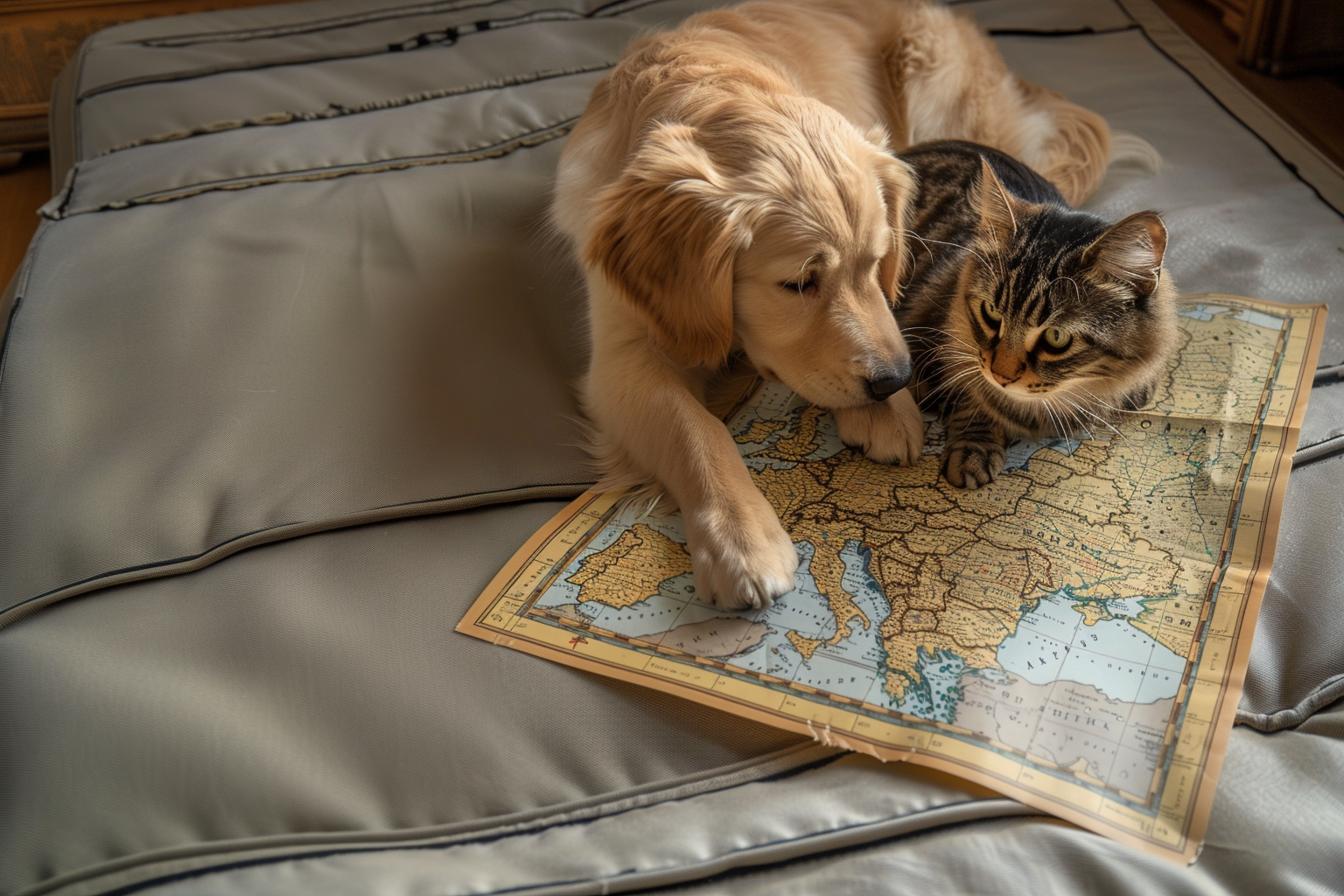 Vacanze con il cane e il gatto. 1 Vacanza con il cane e gatto sopra una cartina dell'Europa aperta, intenti a esplorare la mappa come se stessero pianificando un viaggio. Immagine rappresentativa delle vacanze pet friendly e dei viaggi con animali, con consigli su destinazioni, trasporti e alloggi per cani e gatti in Italia e Europa.