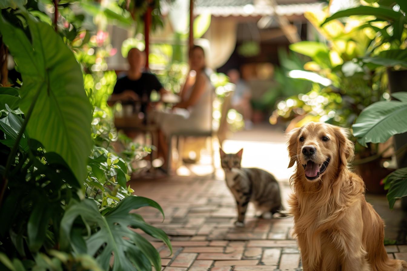 Vacanze con il cane e il gatto. 2 Cane e gatto felici mentre giocano insieme nel giardino di un Airbnb, con i loro padroni rilassati sullo sfondo. Immagine che rappresenta le vacanze pet friendly, gli alloggi adatti agli animali e il benessere dei pet in viaggio. Scopri le migliori soluzioni per soggiornare con cani e gatti in strutture pet-friendly.