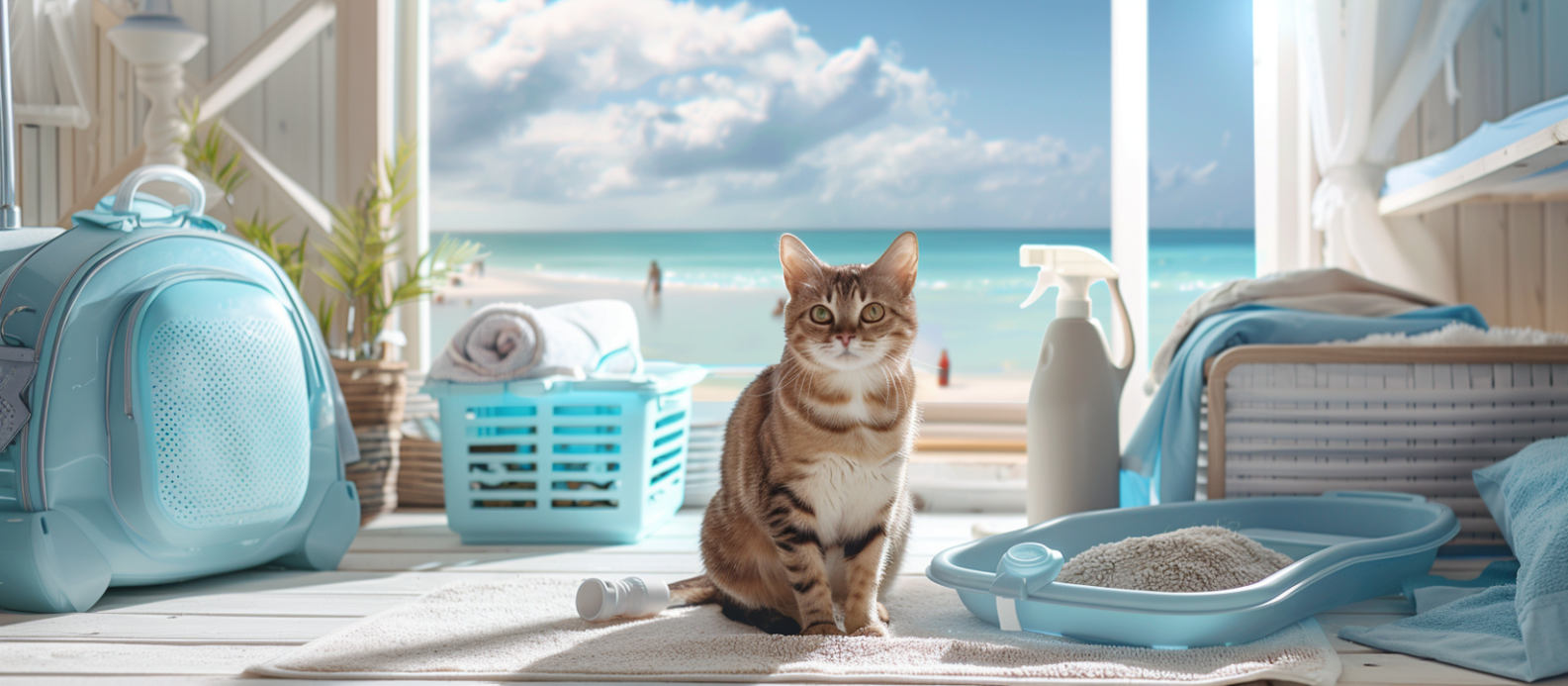 Gatto in una stanza luminosa con vista mare, circondato da lettiera, trasportino e accessori da viaggio per le vacanze al mare con il gatto.