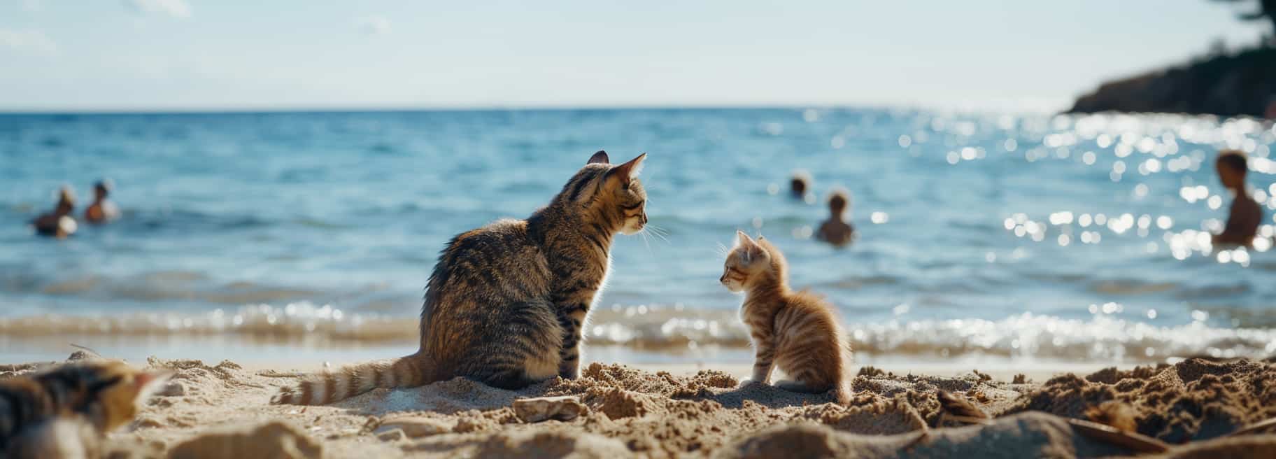 Due gatti che si osservano e si avvicinano sulla spiaggia durante le vacanze al mare con il gatto, con persone che nuotano sullo sfondo.