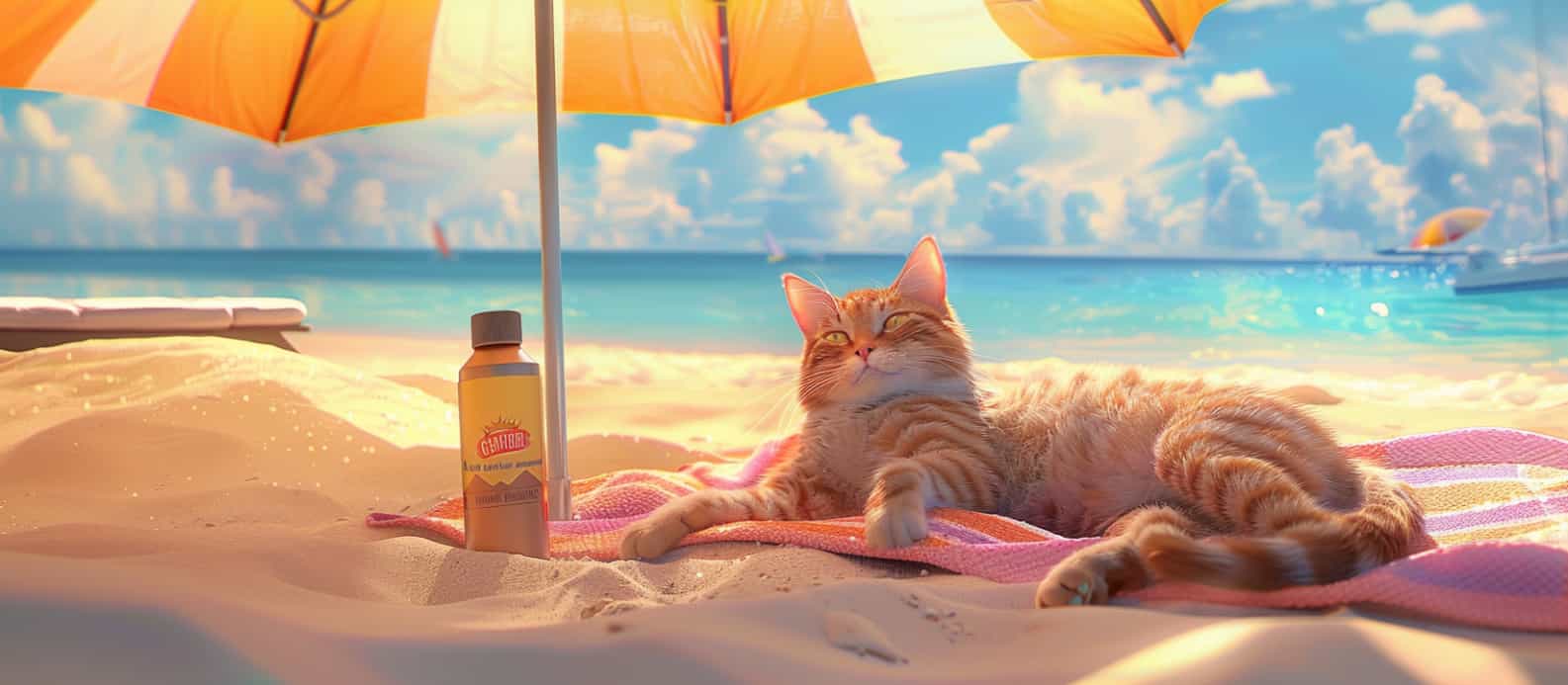 Gatto rilassato su un asciugamano sotto un ombrellone in spiaggia durante le vacanze al mare con il gatto, accanto a una crema solare specifica per animali.

