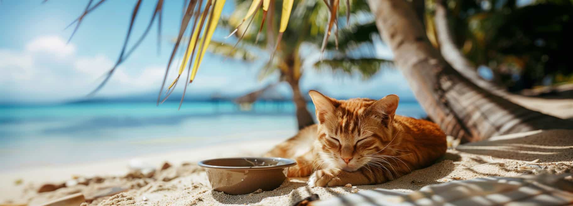 Gatto arancione che riposa all’ombra di una palma con una ciotola accanto durante le vacanze al mare con il gatto, su una spiaggia tropicale.