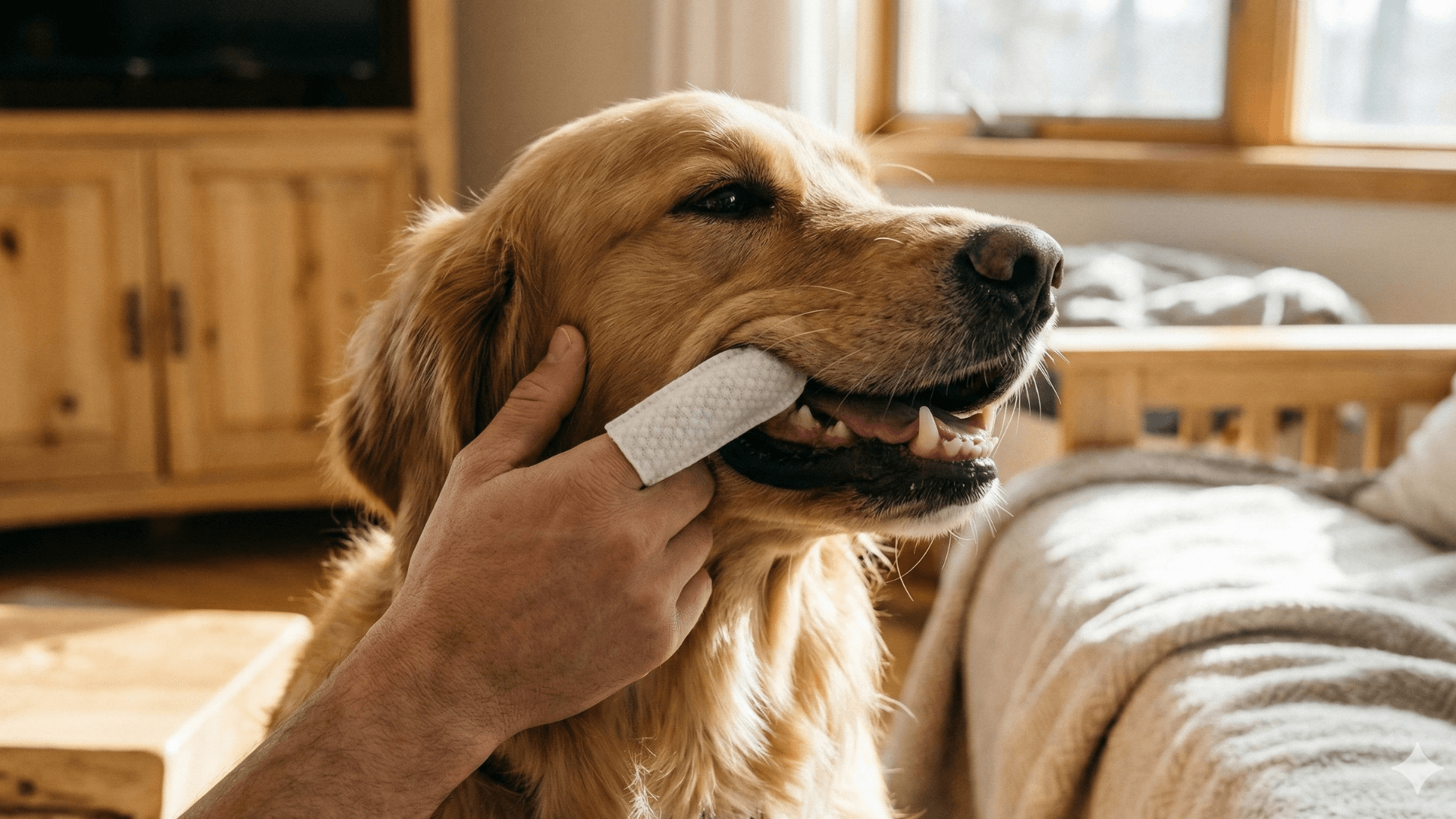 Pulizia denti cane con garza sterile avvolta al dito per rimuovere la placca in modo delicato