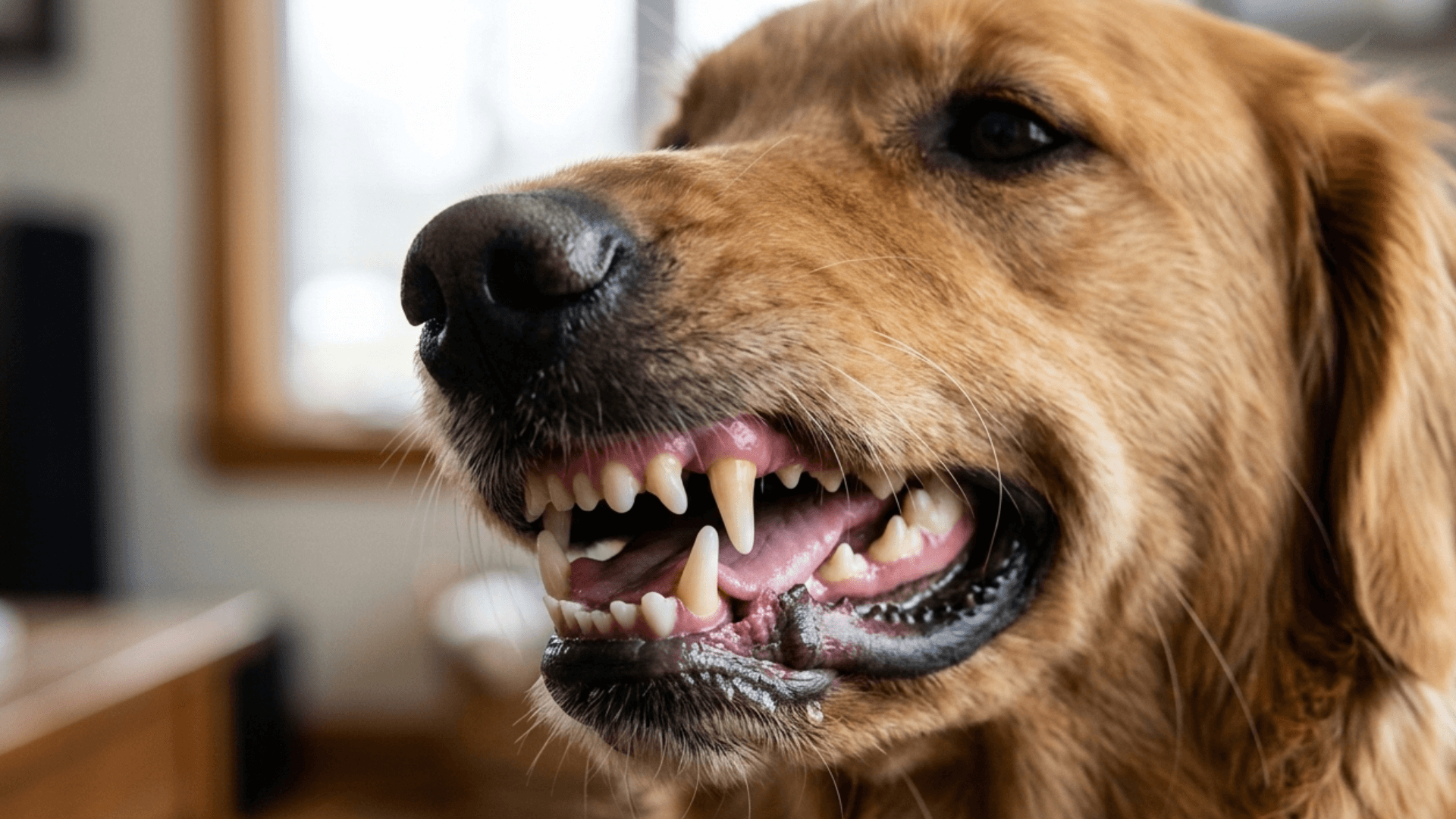 Primo piano dei denti sani di un cane con gengive rosa durante la routine di igiene orale