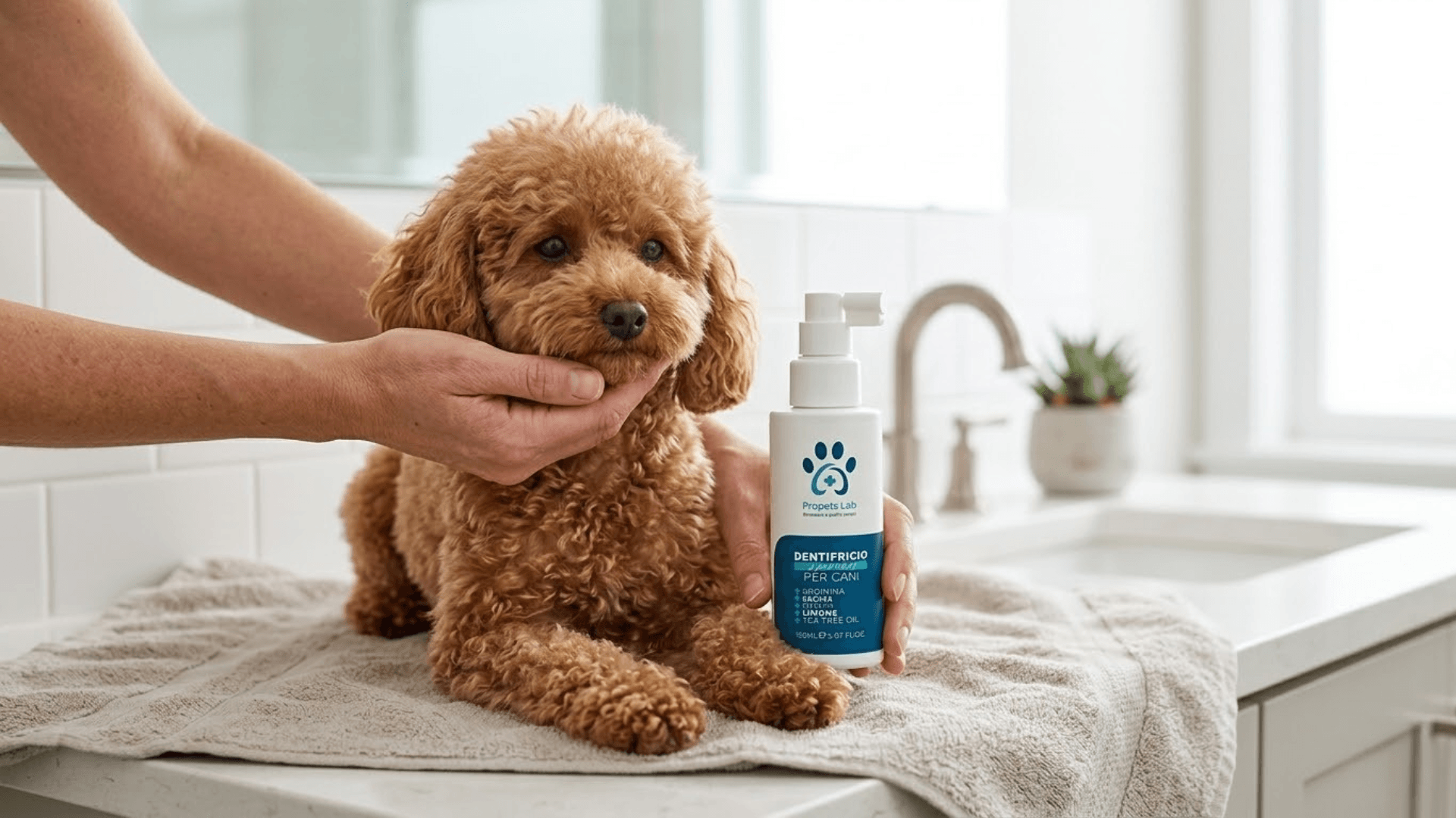 Come prevenire il tartaro nel cane e ridurre l’accumulo quotidiano sui denti 2 Dentifricio spray per cane usato nella routine quotidiana di igiene orale