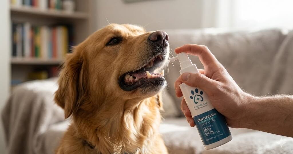 Applicazione di spray dentale per cani sui denti durante la routine quotidiana di igiene orale